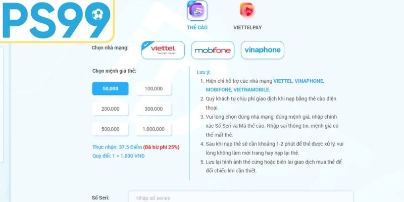 Các bước nạp tiền PS99 dành cho hội viên