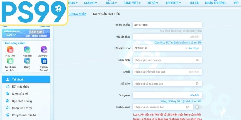 Quy trình rút tiền PS99 với các bước thực hiện